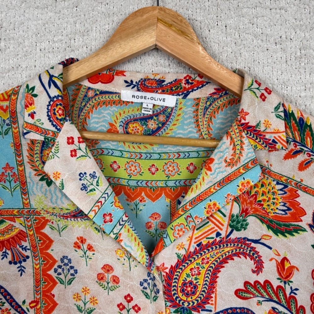 Rose + Olive Shirt Womens Large Multi Paisley Patchwork Cropped Button Up Retro - Picture 2 of 6